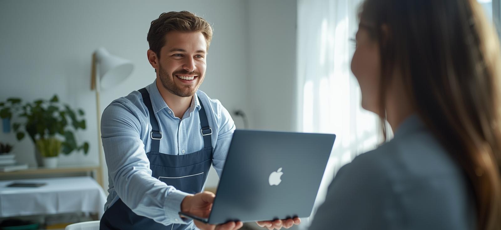 Une personne souriante remet un ordinateur portable à un client satisfait de LytraG
